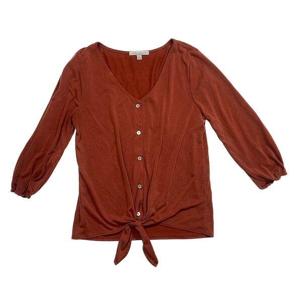 Green Envelope | Rust Orange Tie-Front Button Down Blouse | Small - Picture 1 of 6